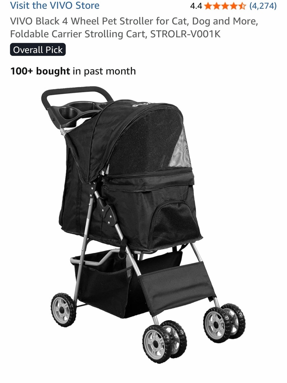 Vivo Black Pet Stroller with Storage Basket